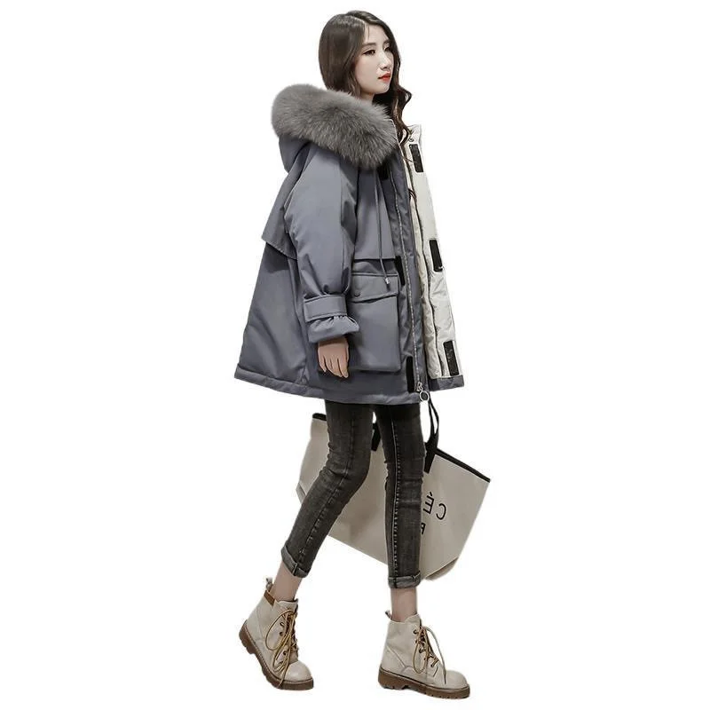 2022 Cotton Padded Fur Parka New Big Fur Collar Down Winter Jacket Women Thick Warm Parkas Female Outerwear