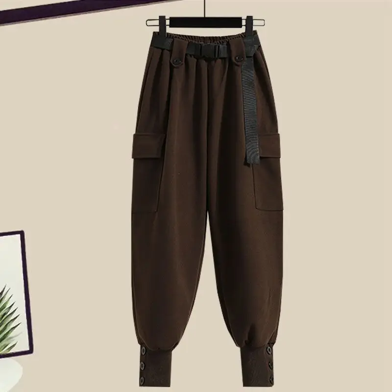 Осень-зима женская водолазка в стиле сафари короткий свитер брюки-карго комплект