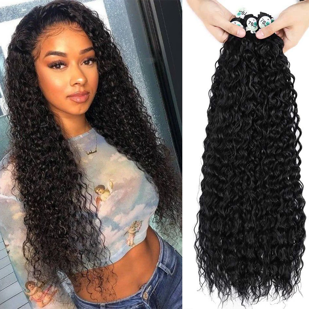 

32Inch Afro Kinky Curly Hair Extension Synthetic Organic Fake Bundles Fiber Fluffy Ombre 9Pcs Long Wavy For Full Head Women