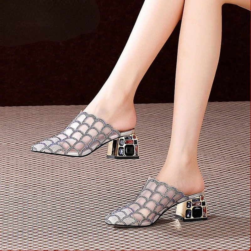 Luxury Rhinestone Women's High Heel Slippers 2023 New Summer Fashion Outwear Thick Heel Mesh Sandals Women's Soft Bottom Mules