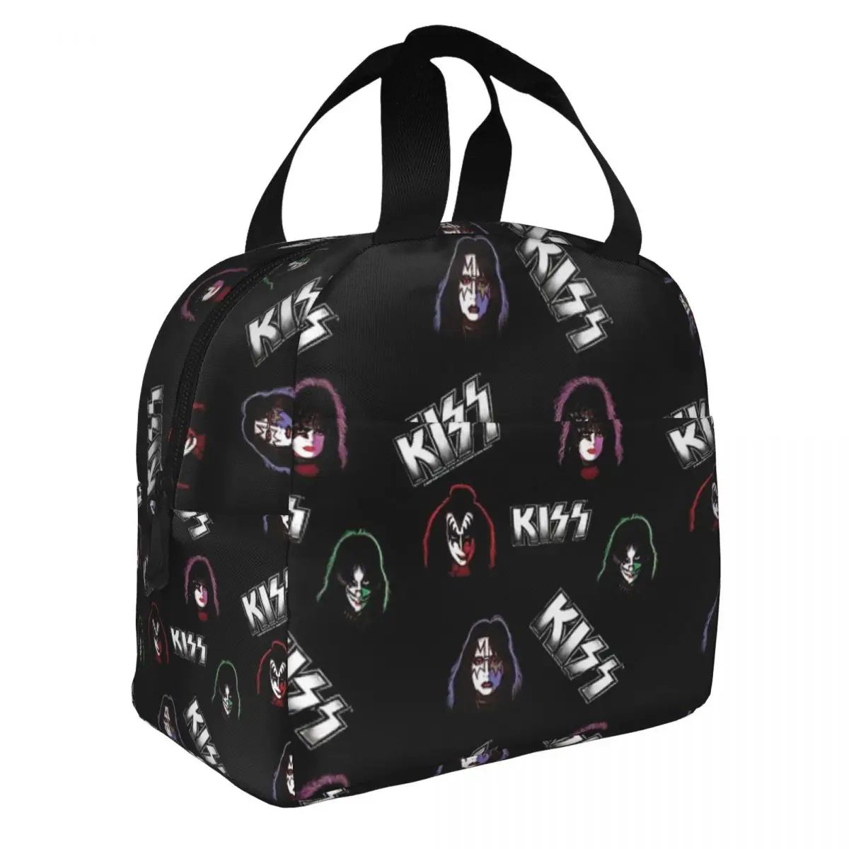 KISS Faces & Logo Pattern Lunch Bento Bags Portable Aluminum Foil thickened Thermal Cloth Lunch Bag for Boys and Girls
