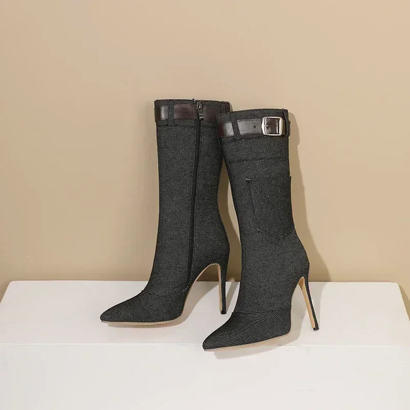 Зимние женские сапоги до середины икры черные синие джинсовые туфли на высоком