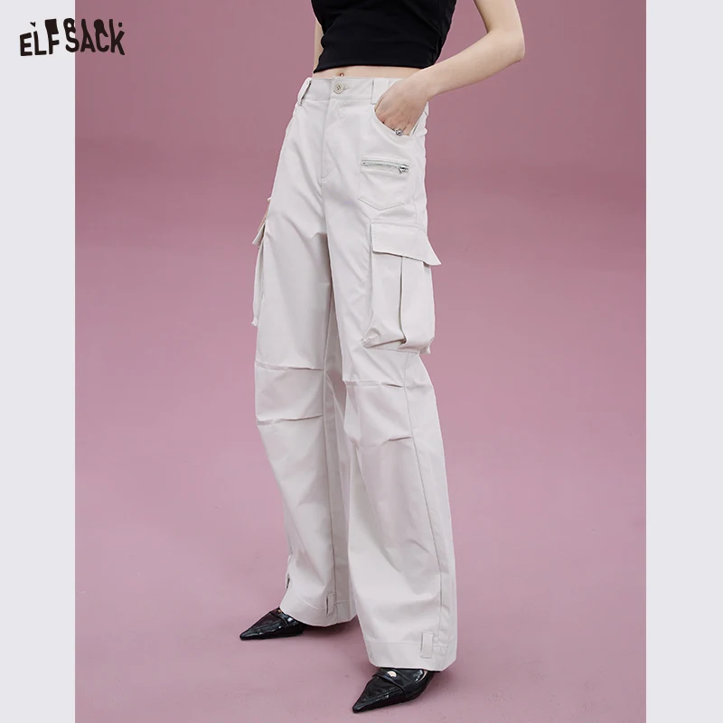 ELFSACK White Cargo Pants Women 2023 Spring High Waist Casual Daily Trousers