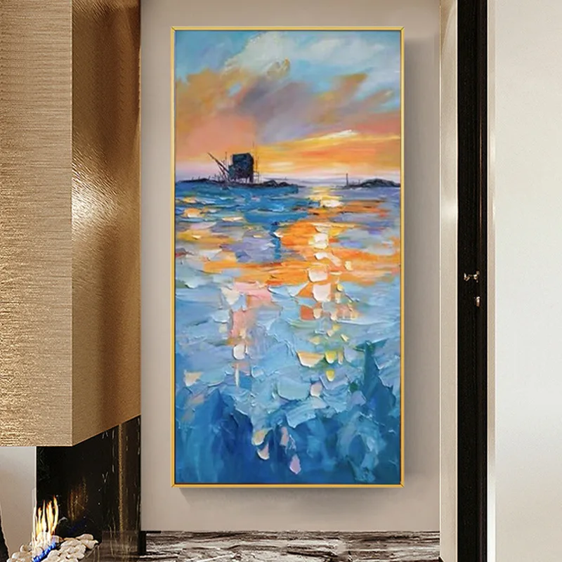 

Sea Landscape Poster with Frame Canvas Print Handmade Oil Painting Modern Abstract Wall Art Picture Home Decor for Living Room