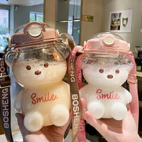 1 5l bear straw water bottle summer outdoor large capacity plastic straw drinking cup cute children water cup kawaii bear kettle