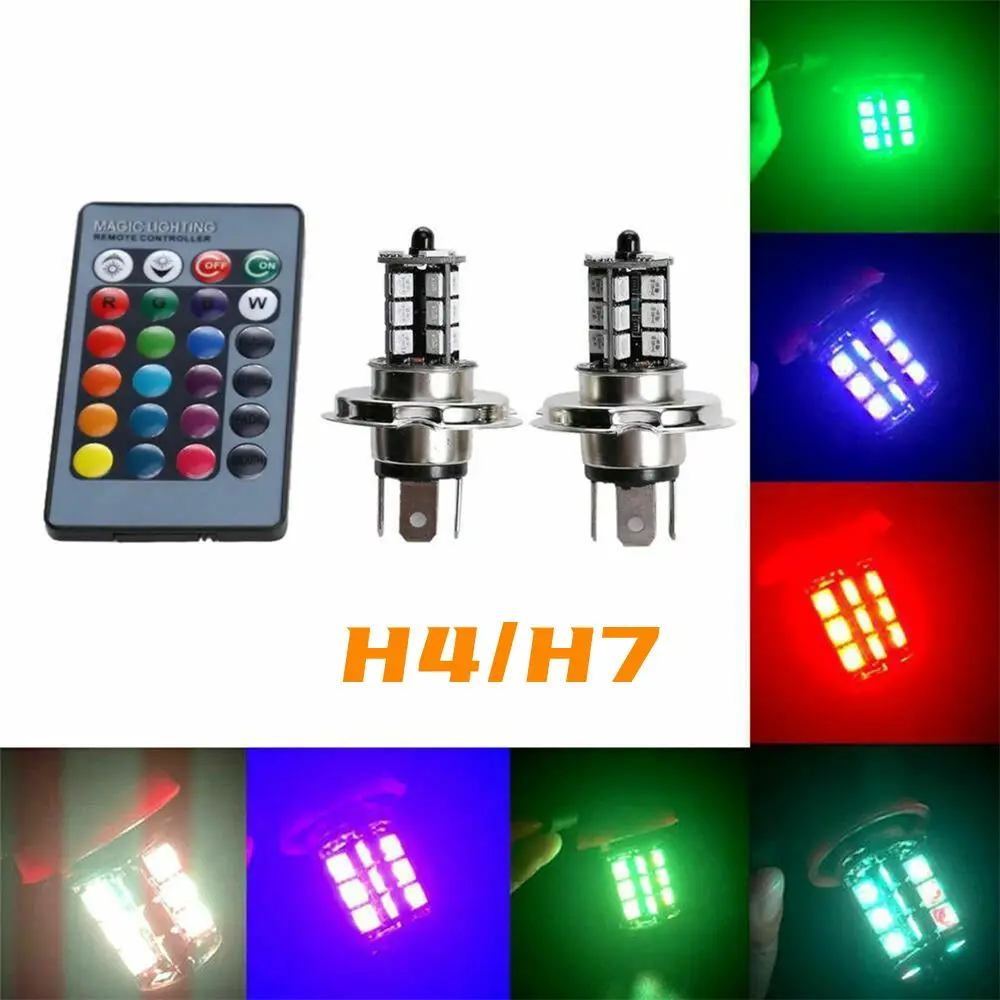 

2PCS Headlight Lamp H4 H7 RGB 5050 27SMD LED Auto Bulb Remote Control MO Car Fog Light