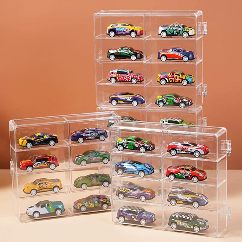 Фото Акриловая автомобильная витрина 1:64 для Hot Wheels, модель автомобиля, игрушка, 8 сеток, стойка для шкафа, пылезащитные штабелируемые автомобильные ящики для хранения, прозрачные №1