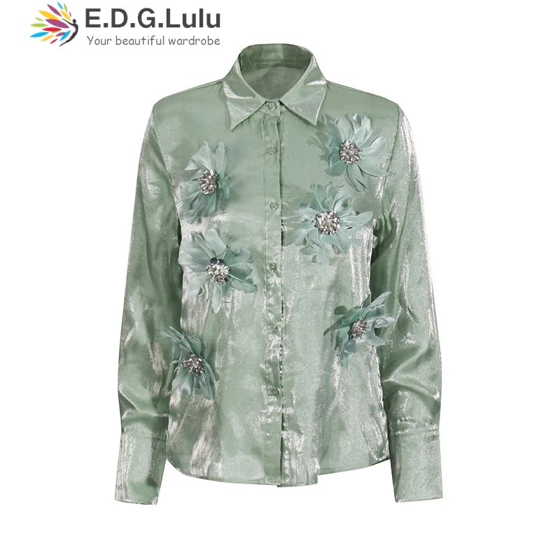 EDGLuLu зеленые блузки с отложным воротником женский дизайн офисная блузка 3d
