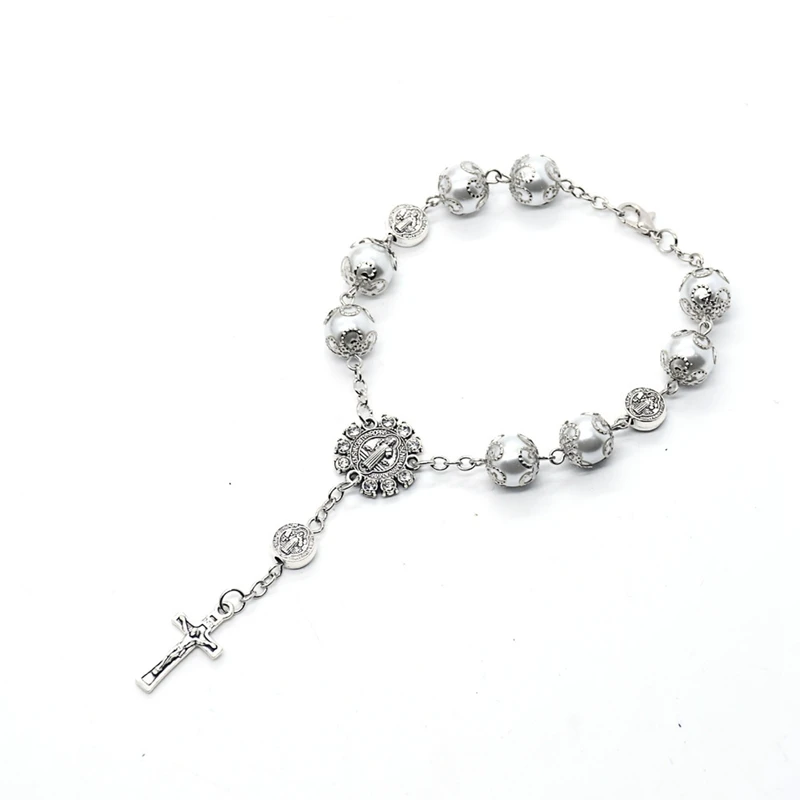 

Saint Benedict Silver Imitation Pearl Rosary Cross Beaded Bracelets For Men Women Catholic Jewelry