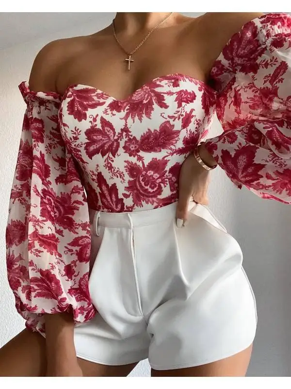

Women's Chiffon Long Sleeve Blouses, Print Lantern Long Sleeve, Elegant, Sexy, Vintage Fashion, Tube Tops, Ladies Top, Spring