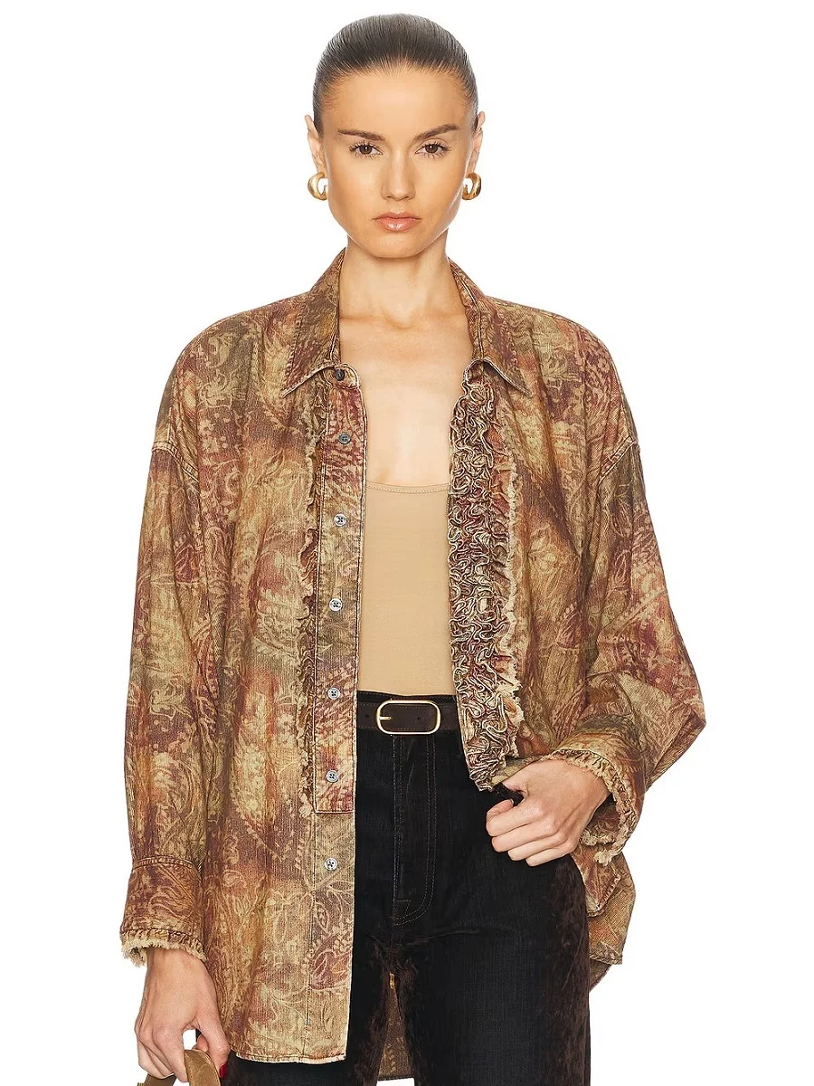 2024 женская модная рубашка шелковая с 3D принтом и рюшами свободный повседневный