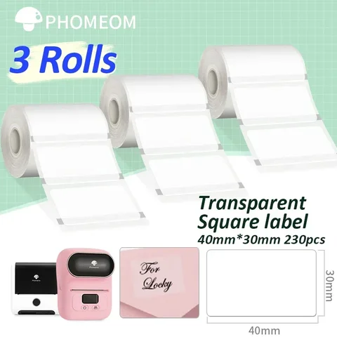 Phomemo 3 рулона термопрозрачной этикетки M110/M221/M220/M120/M200 Прозрачная термобумага 40x30 мм наклейка для логотипа/шаркода