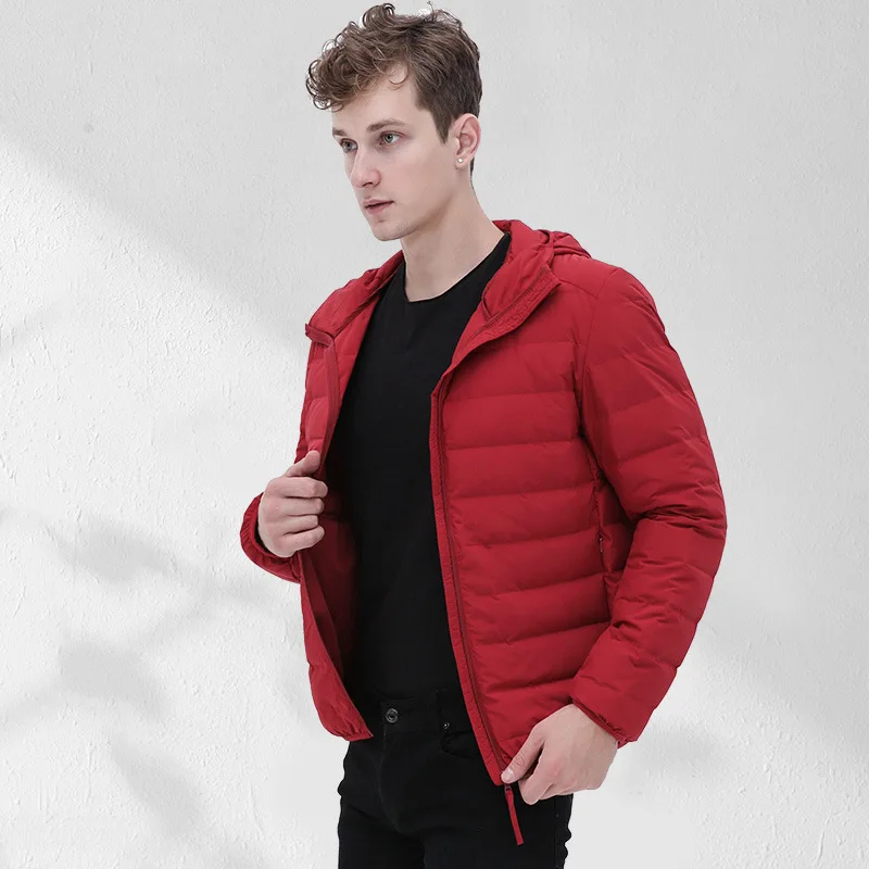 2023Velvet lightweight down jacket new boutique men's hooded short light youth winter clothes white duck down warm coat-M-3XL