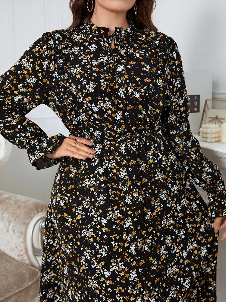 Temperament commuter tie round neck floral lace long sleeve women dress large plus size  party dresses