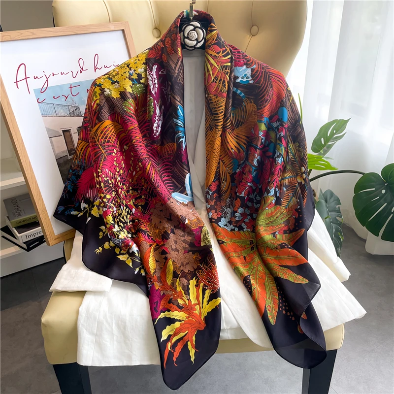 

2022 Fashion Large Beach Stoles Silk Square Scarf for Women Luxury Brand Print Shawl Wraps Female Headkerchief Hijab Bandana