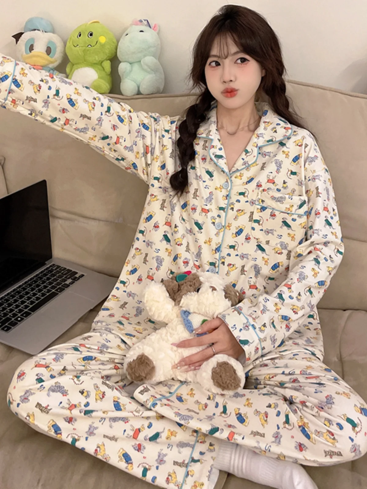Cute Cartoon Puppy De Velvet Pajamas for Women Spring Autumn Winter New Long sleeve Cardigan Thin Warm Homewear Set