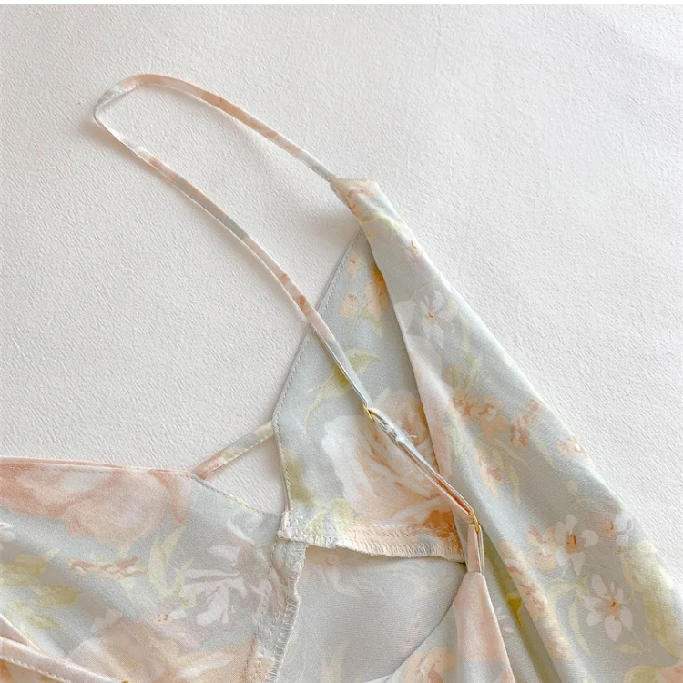 CAIYIER Summer Sexy Lingerie Nightdres Flower Sling V-Neck Silk Nightwear Sexy Backless Cross Spaghetti Strap Female Sleep Dress