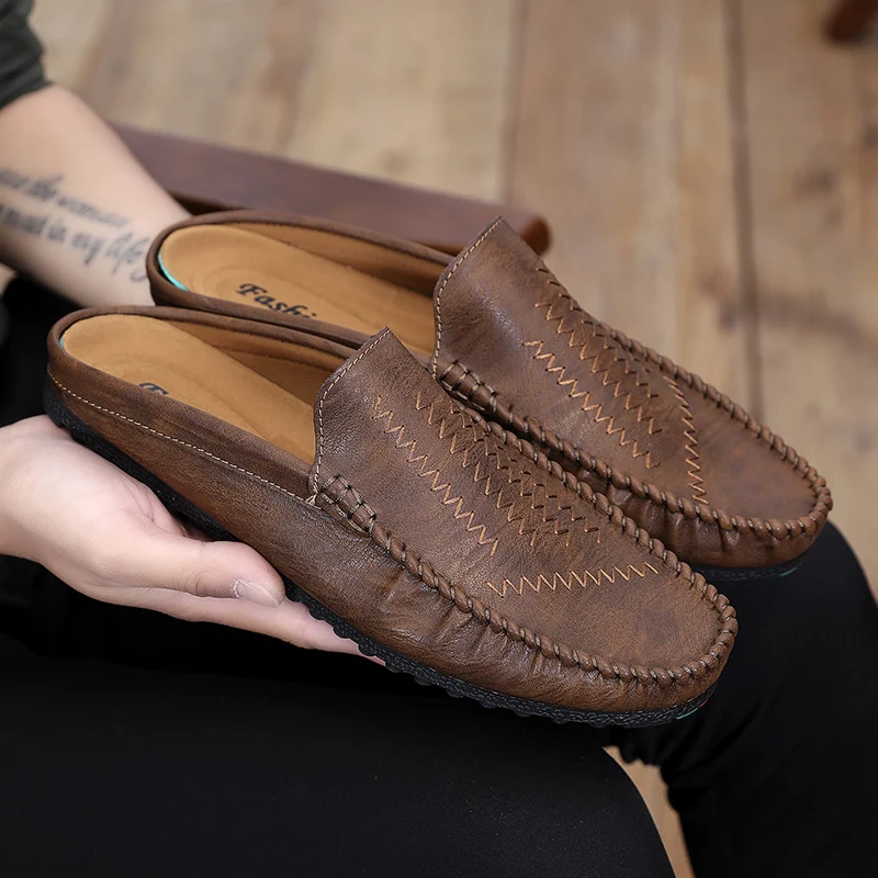 

Summer New Fashion PU Leather Casual Mules For Men Male Breathable Comfy Soft Half Loafer Slippers Flat Handsewn Leisure Sandals