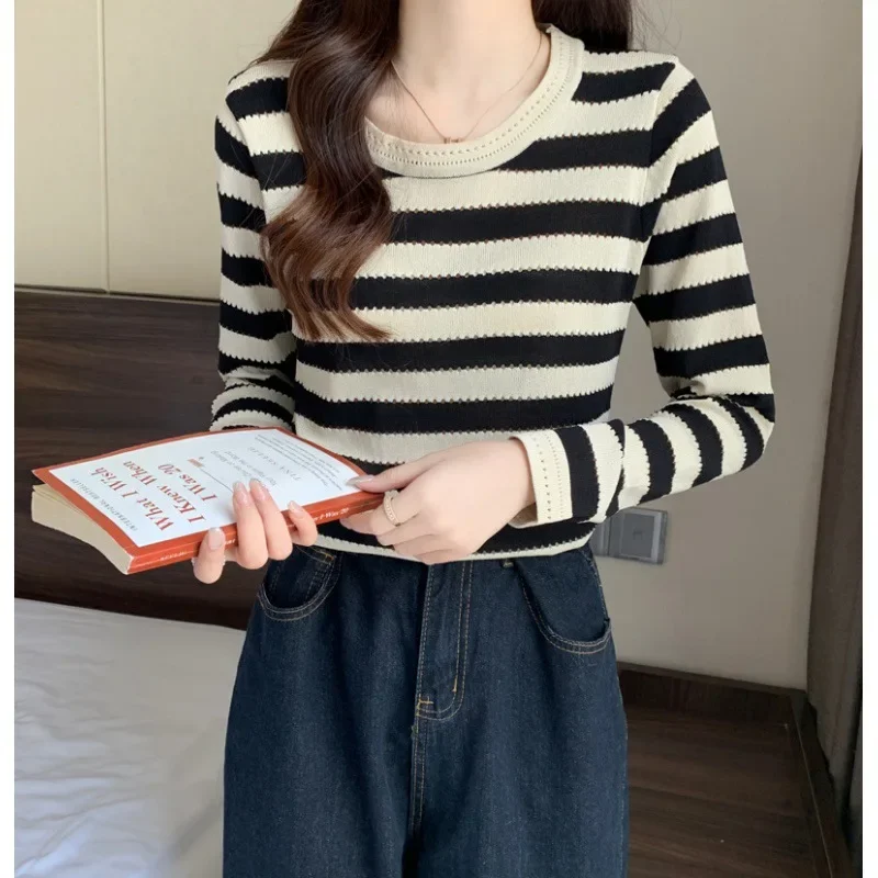 Женская Винтажная футболка в полоску ТРИКОТАЖНЫЙ УКОРОЧЕННЫЙ ТОП с длинным