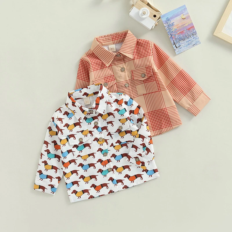 

1-5 Years Boy's Blouse Lapel Collar Long Sleeve Cartoon Dog Printed Button-down T-shirt for Baby Toddler Boys