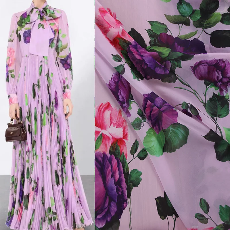 

145cm Width Fashion Purple Flower Printed Thin Chiffon Fabric For Women Dress Blouse Stoffa Tuch Ткань Tela DIY Cloth Sewing