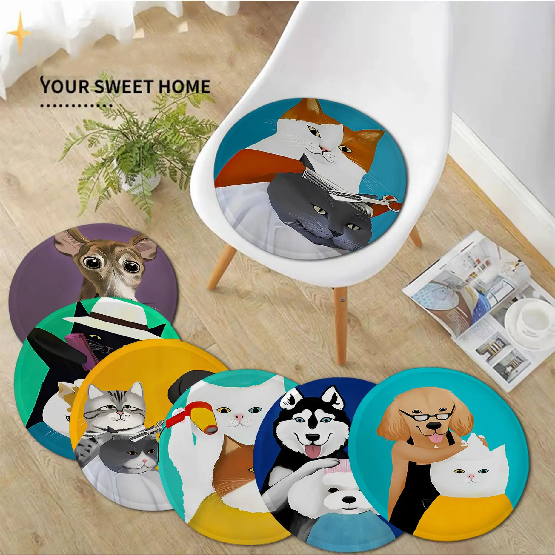 

Cartoon Cute Cat Modern Funny Dog Haircut Modern Seat Cushion Office Dining Stool Pad Sponge Sofa Mat Non-Slip Cushion Pads