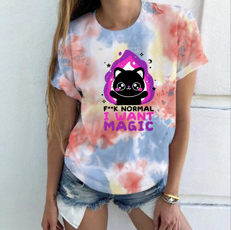 

Funny Cat Want Magic Print T-shirt Women's Fashion Tie-dyed Clothing Summer Short Sleeves Tops Casual Animal T Shirt Y2k Clothes
