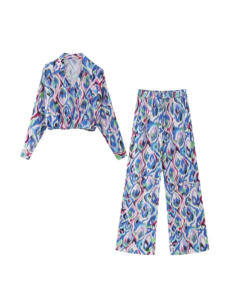 

Women New Fashion Cropped Print V Neck Casual Blouses Vintage Long Sleeve Female Shirts Chic Tops + Pants Women's suit