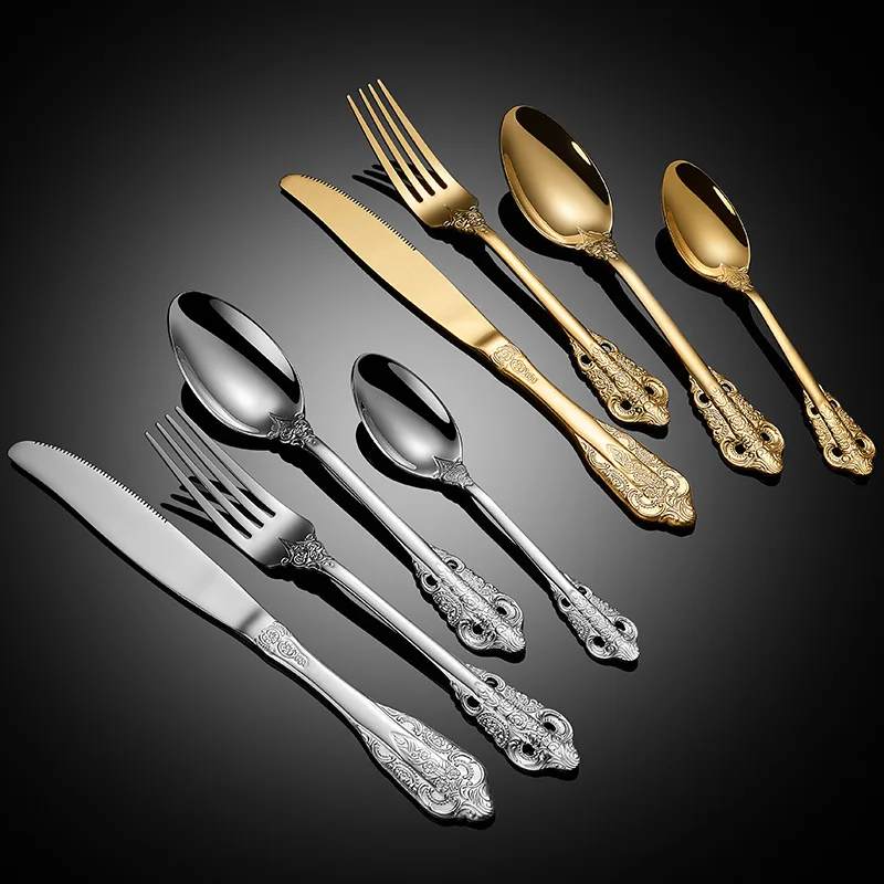 

4PCS Reusable Tableware Set Court Embossed Western Steak Fork Knife Spoon 304 Stainless Steel Restaurant Luxury Dinnerware Set