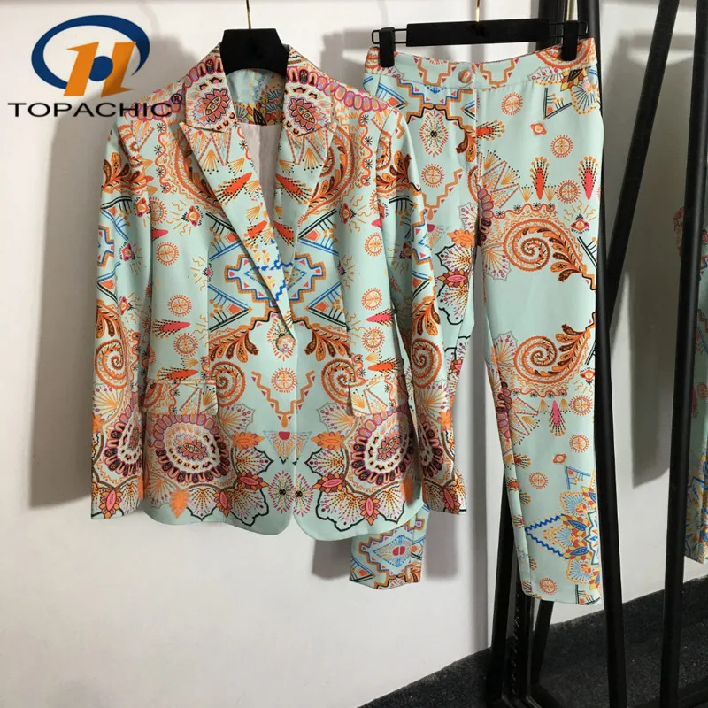 

8.20 High End Quality Vintage Print Single Button Blazer Coat + High Waist Slim Ankle Length Suit Pants Set Women