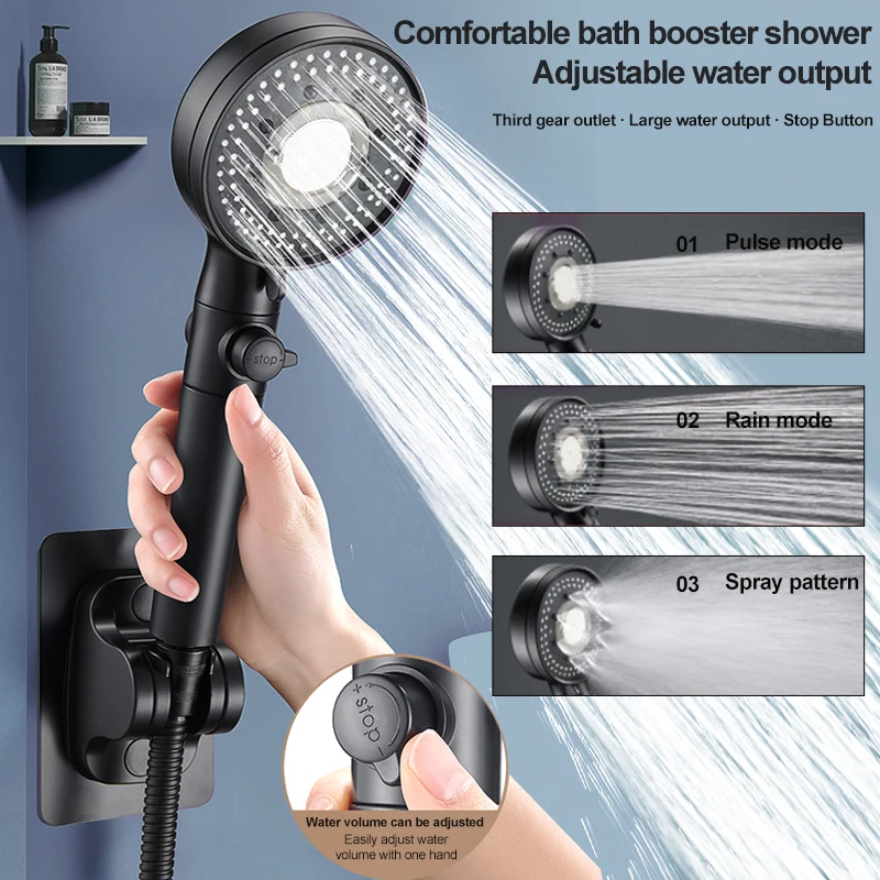 

Zhangji High Pressure Adjustable Handheld Shower Head with Stop Button Water Saving Rainfall 3 Mode Matte Black Showerhead