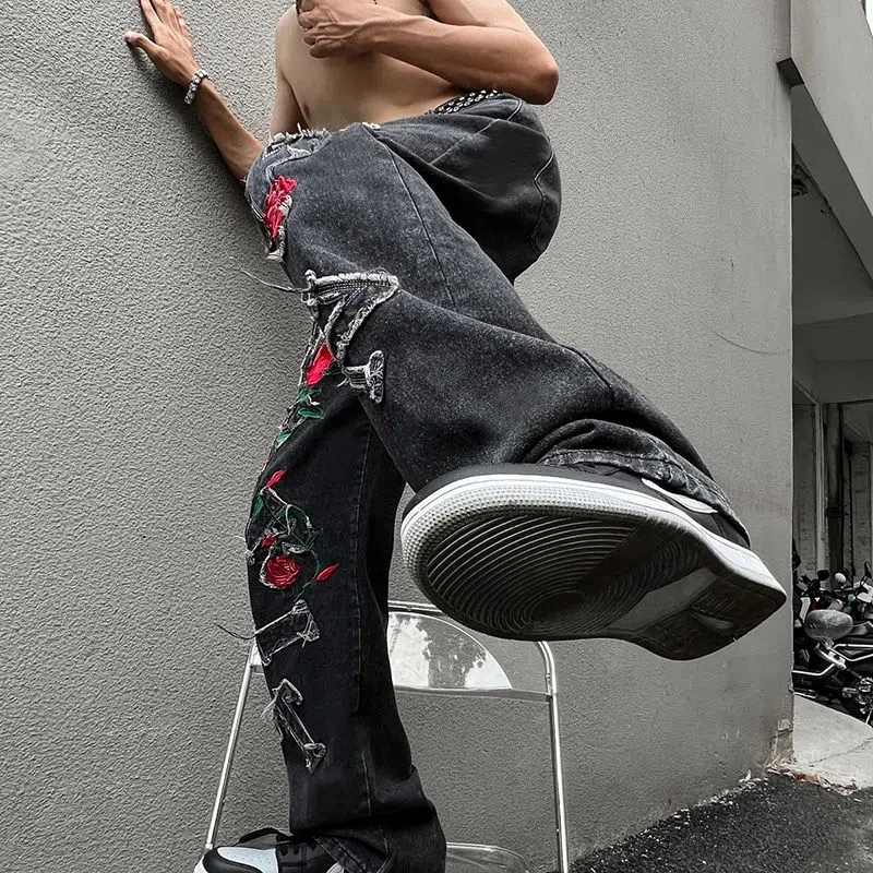 Goth Rose Cross Letter Embroidery Mens Jeans Harajuku Street Retro Hiphop High Waisted Jeans Loose Casual Baggy Jeans Men Pants
