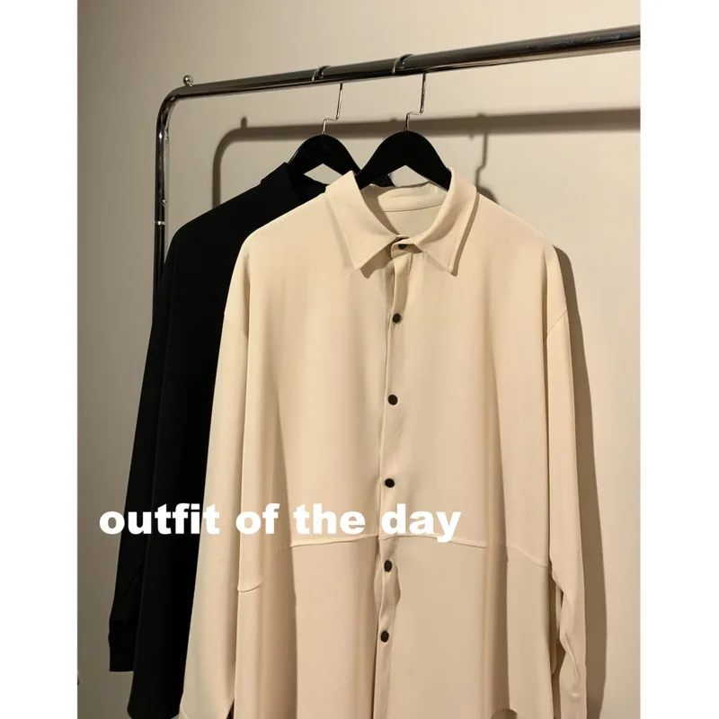 Autumn Apricot/Black Long Sleeve Shirts Men Fashion Society Mens Dress Shirts Korean Loose Oversized Casual Shirts Men M-2XL