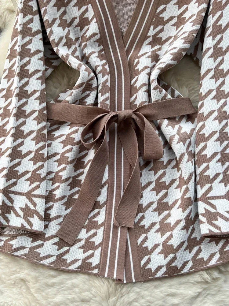 Осень-зима женский свитер костюм из двух предметов с узором гусиные лапки