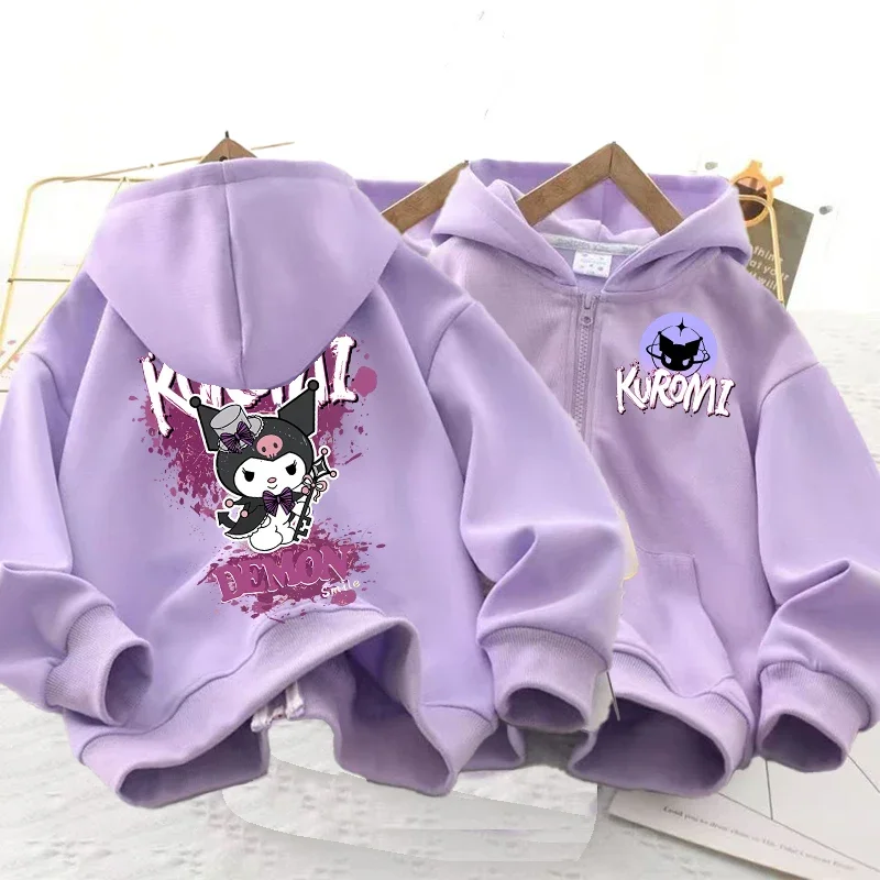 New 2024 Girls Hello Kitty Kurom Jacket Zipper Sweater Coat Spring Autumn Children Hoodie Outerwear Kids Cotton Clothes 2-12year