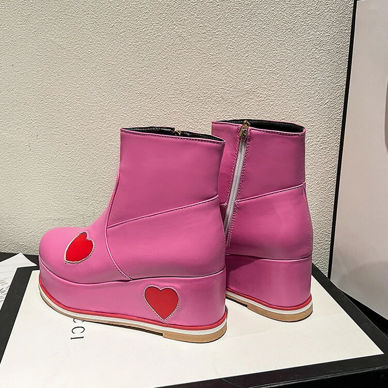 

Women Ankle Boots Round Toe Heart Platform Wedges Increased Heel Zipper Large Size 30-48 Sweet Mixed Yellow Pink S3839 NEW 2022