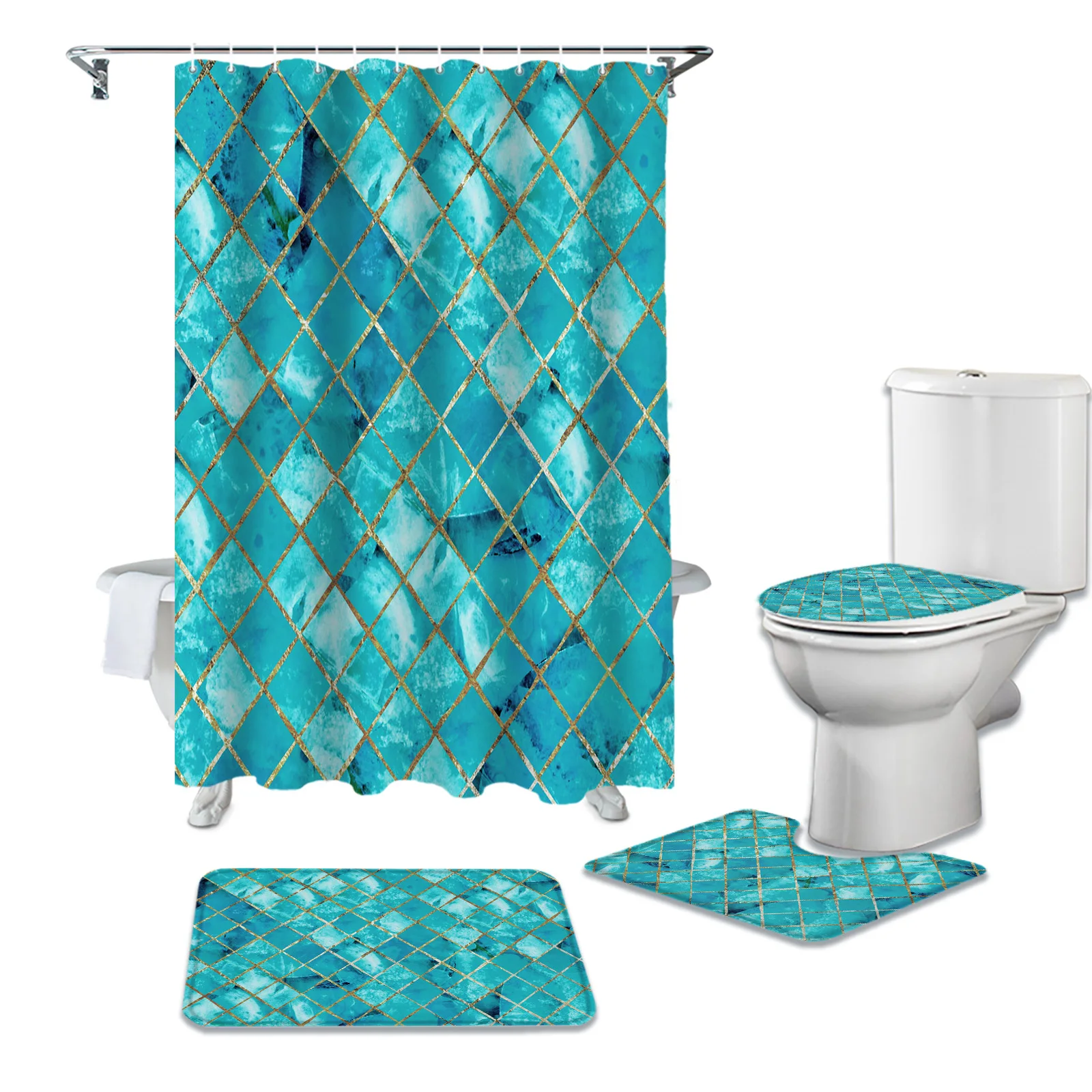 

Бирюзовая мраморная решетчатая текстура занавеска для душа в ванную комнату Набор ковриков Крышка для туалета напольные коврики аксессуар...
