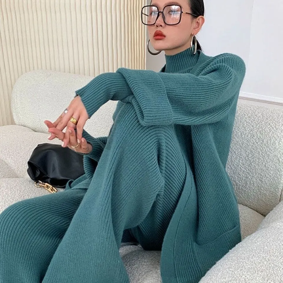 Autumn Winter Women's Three Piece Suit Sweater Coat Turtleneck Knitted Sweater Wide Leg Pants Long Coat High Quality Fashion New