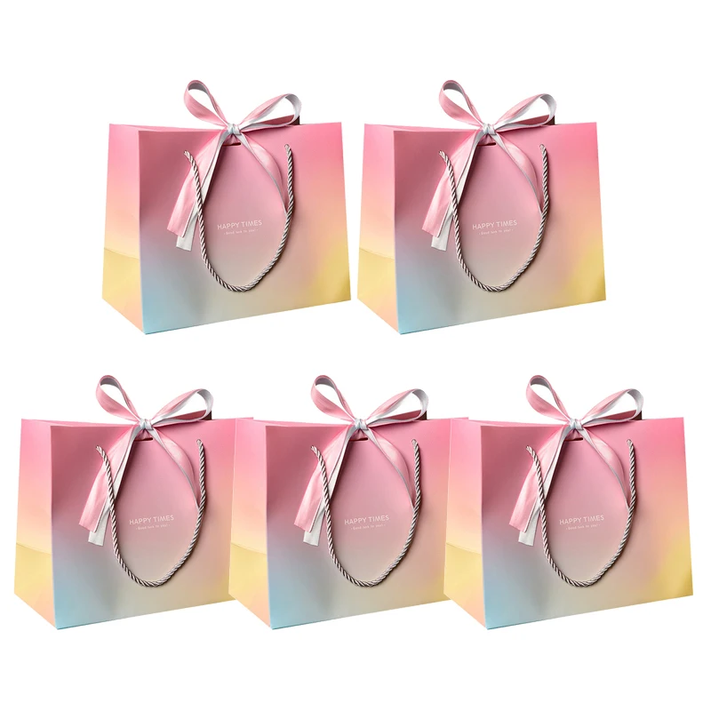 5 шт. градиентные розовые картонные подарочные пакеты с лентой