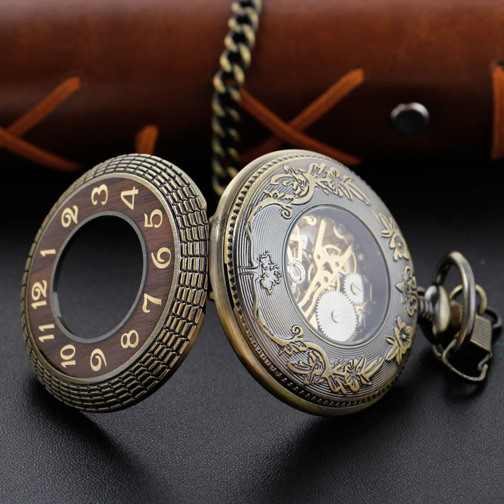 Vintage Wood Carving Hollow Skeleton Mechanical Pocket Watch Men's Fob Chain Steel Arabic Digital Sculpture Women's Men's Gift