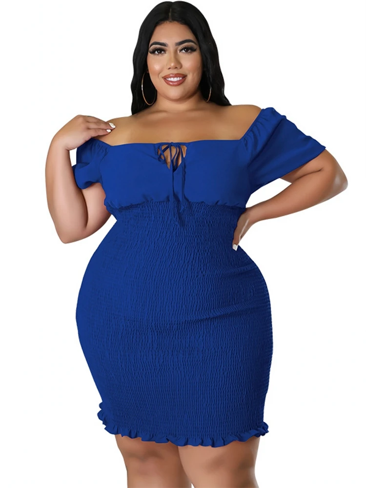 

5XL Plus Size Short Dresses Women High Waist Lace Up Slash Neck Ropa Mujer Summer New Solid Sexy Oversize Stretchy Sheath Dress