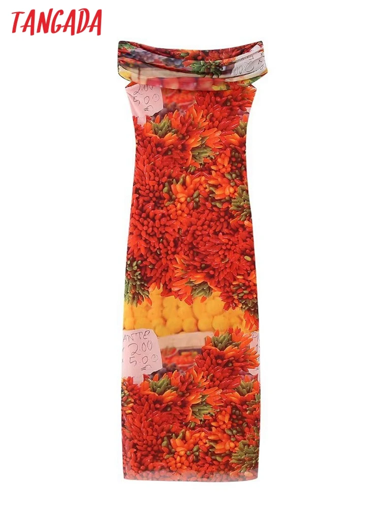 Платье женское Сетчатое длинное с открытыми плечами и принтом