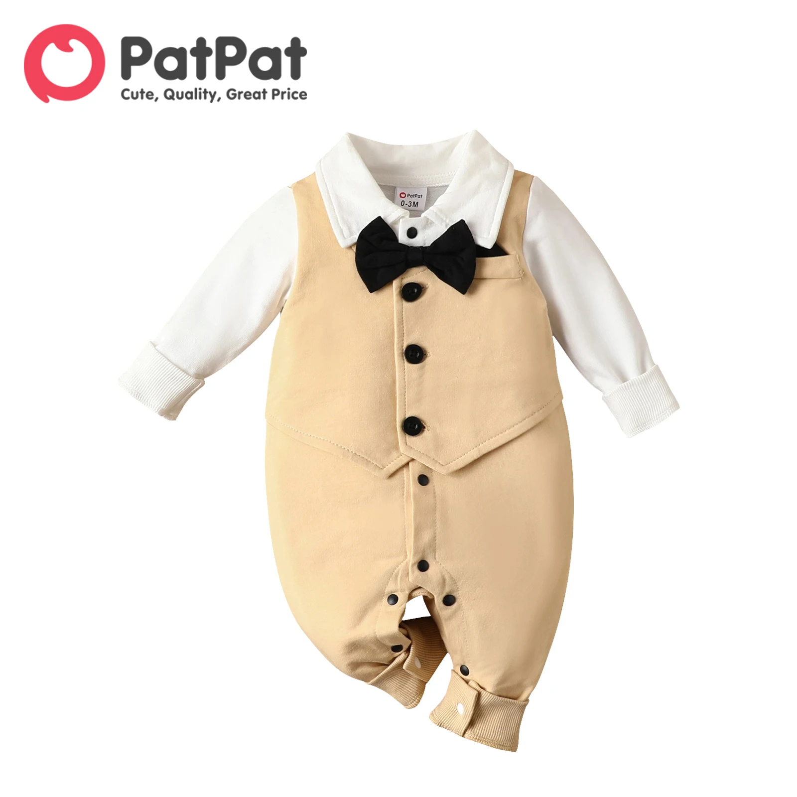 PatPat 100% Cotton Baby Boy Gentleman Party Outfit Bow Tie Decor Button Front Long-sleeve Jumpsuit