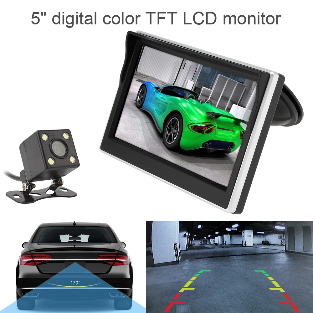 

5 Inch Car TFT LCD Monitor 800x480 16:9 Screen 2 Way Video Input +170 Degrees Wide Angle Lens Night Vision Rear View Camera