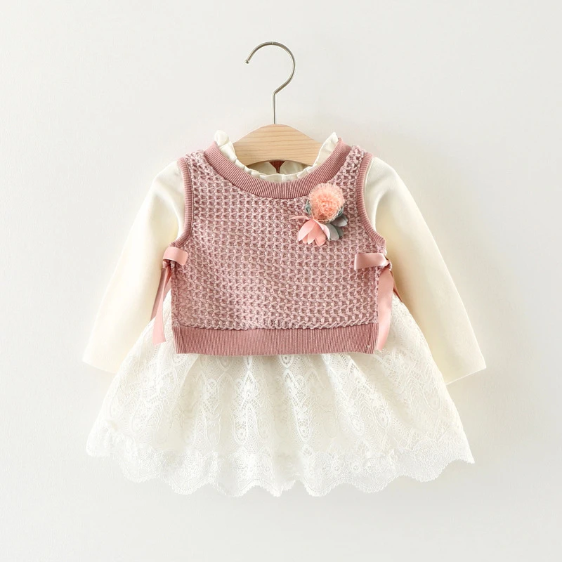 

Elegant Princess White Lace Dress +Florwer Knitted Vest for Baby Girls Clothes Sweet New Born Baby 1St Birthday Party Dresses