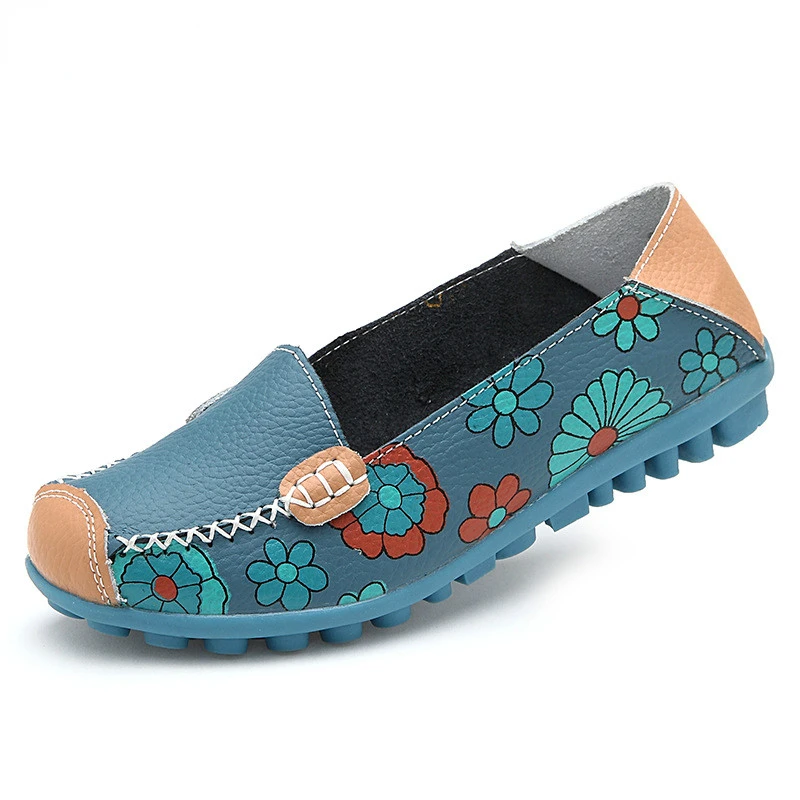 

New cowhide pointed toe print women's single shoes flat casual women's shoes mom shoes comfortable nurse shoes