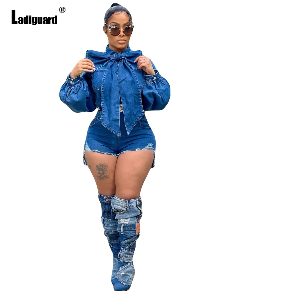 Ladiguard Sexy Tie Flower Jeans Playsuits Women Casual Denim Skinny Overalls 2022 European Style Fashion Ripped Demin Jumpsuits