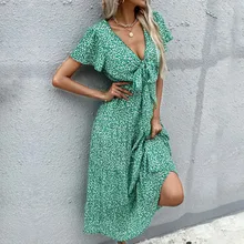 Vestido Midi asimétrico con estampado Floral para verano, traje Sexy con escote en V, a la moda, con manga abombada, color verde, 2021 (3)