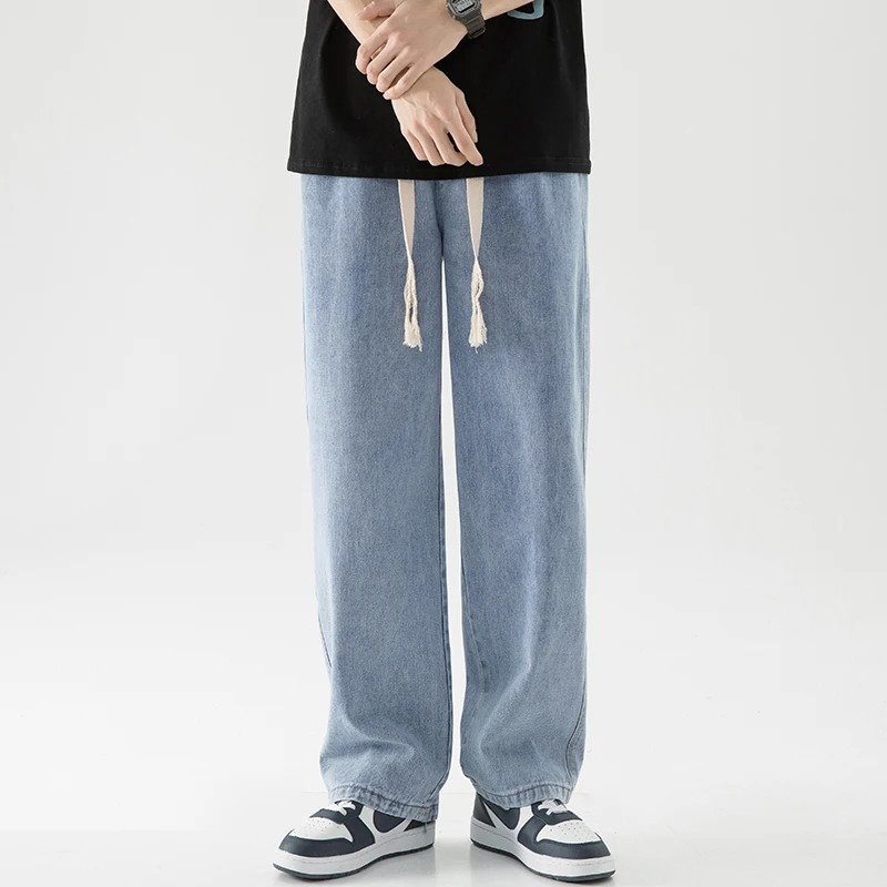 

Summer Drawstring Elastic Waist Jeans Mens Casual Straight Baggy Jean for Men Streetwear Hip Hop Man Loose Wide leg Denim Pants