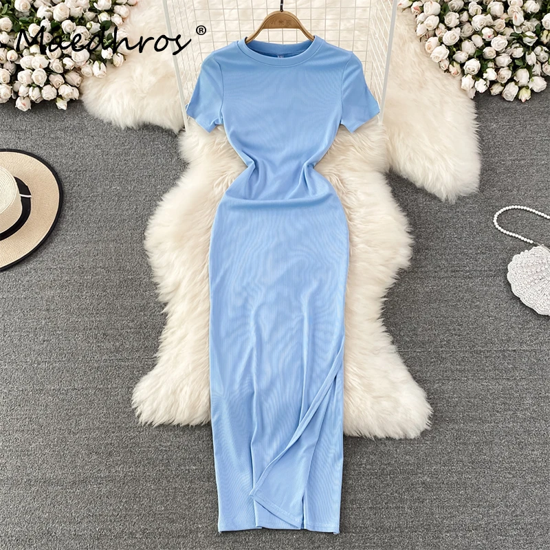 

Knit O Neck Cut Women Dress Solid Color Sexy Slit Female Beach Dresses Package Hip Body Dress for Ladies Short Sleeves Clothing